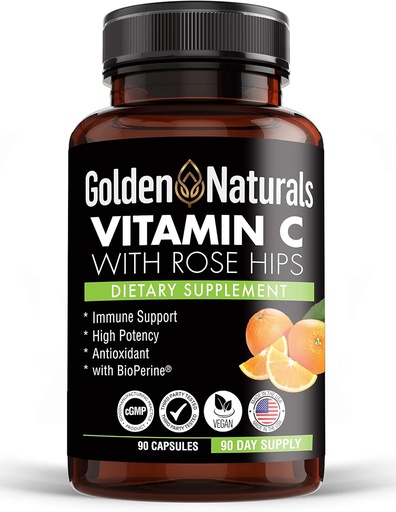 [BRSWYZDRO56AGDL5] Golden Naturals Vitamin C with All Natural Rose HIPS, 1000mg, Immune Boosting Support and Powerful Antioxidant, High Absorption with BioPerine, Improve Skin Health, 90 Capsules
