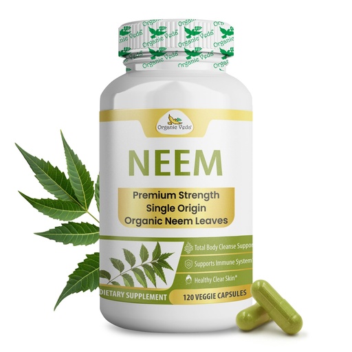 [BRSWIAQRBZ6QE3DM] Organic Veda Neem Capsules – Herbal Supplement for Clear Skin, Immune & Gut Health For Men & Women - Single Origin True Green Neem Leaf Powder - Purifying & Cleansing Ayurveda Herb, 120 Vegan Capsules