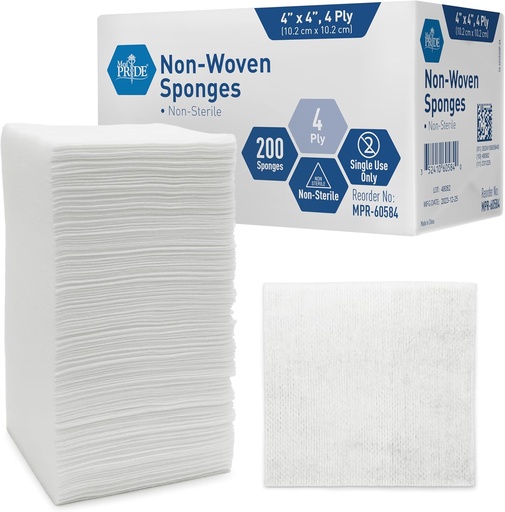 [BRSWYAATAQMGCHT2] MED PRIDE Non-Woven Non-Sterile Surgical Sponges 200 Pack, 4in X 4in 4-Ply Gauze Pads for First Aid Wound Care