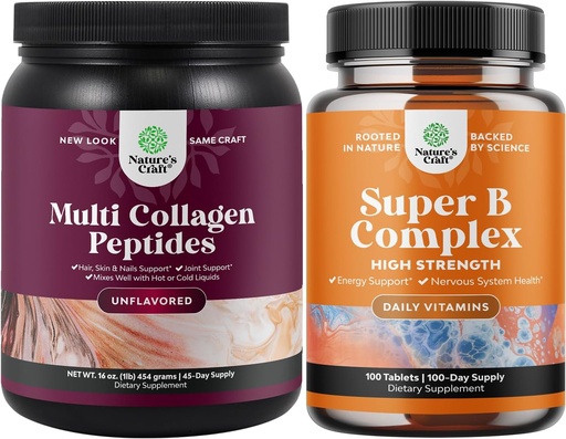 [BRSRAZIDOYNGA3DA] Bundle of Multi Collagen Protein Powder for Women and Men - Hair Skin and Nails Vitaminas y Complejo de Vitamina B Adult Multivitamin for Immune Support Mood Boost and Memory Supplement for Brain Support