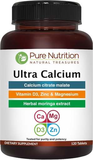 [BRSRO2YBAEFAG3DX] Puhas toitumine Ultra Kaltsium 1000mg koos VIT D3 + K2 | 120 Tab | Väga imenduv kaltsiumilisandi kaltsiumtsitraatmalaat, VIT D3, K2, Moringa Oleifera, Magneesium ja tsink.