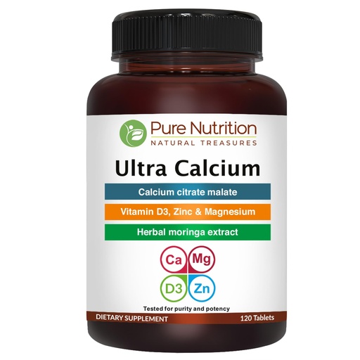 [BRSRO2YBAEFAG3DX] Pure Nutrition Ultra Calcium 1000mg with VIT D3 + K | 120 Tab | Calcium Supplement with Calcium Citrate Malate, VIT D3, K, Moringa Oleifera, Magnesium and Zinc.