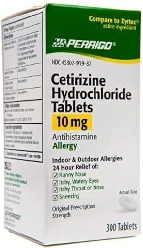 [BRSWIYLZBMMGEFA3] Comprimés de chlorhydrate de cétirizine de Perrigo 10mg, 300-Conte