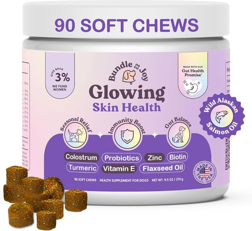 [BRSRMYY7CUNGYH35] Bundle x Joy Glowing Skin and Coat Supplement for Dogs, 90 Soft Chews, Probiotics for Dogs with Colostrum, Omega 3 Fatty Acids, Salmon Oil, and Turmeric, Supports Seasonal Allergies & Itchiness