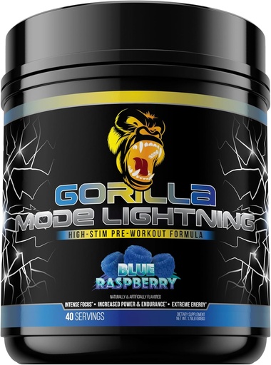 [BRSRAAY3AQIGC2Y7] Gorilla Mode Lightning Pre-Workout - Extreme Energy · Laser Focus · Powerful Pumps · Peak Performance - 550mg Caffeine, 13500mg L-Tyrosine, Alpha-GPC– 808g (Blue Raspberry)