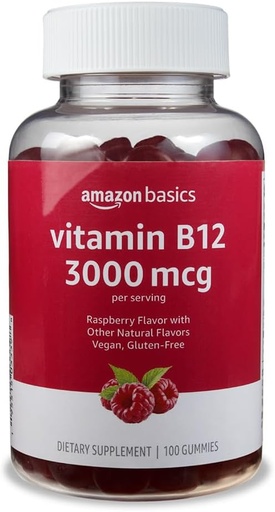 [BRSWGEALAUBG2CDX] Básicos Vitamina B12 3000 mcg Gummies, Producción Normal de Energía y Metabolismo, Apoyo al Sistema Inmunitario, Raspberry, 100 Cuenta (2 por por servicio) (antes Solimo)
