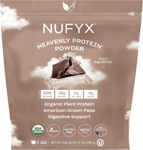 [BRSRAZIDC4HWACQ6] NUFYX® • Heavenly Protein® Powder • World’s Finest 100% Organic American Grown Peas • Vegan • Gluten Free • Low Carb (Dreamy Chocolate, 120 Scoops)…