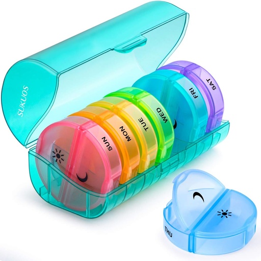 [BRSW22QNAVYAK3LX] Sukuos Large Weekly Pill Organizer 2 Times a Day, Daily Pill Box 7 Day Easy to Open with Double Protection, AM PM Pill Case for Medicine/Vitamin/Fish Oil/Supplements (Cyan)