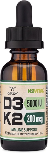 [BRSW2ZT3AF4AIEIU] Vitamin D3 K2 5,000 IU Liquid Drops (5,000 IU of D3 and 200mcg of 99.9% All-Trans Patented K2 MK-7 (K2Vital)) Max Absorption Liquid Vitamin D Drops (30 Servings) by Double Wood