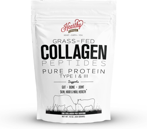 [BRSWGYL7BB4A2C3Z] HEARTHY FOODS Collagen Powder - 18g Protein - Pure Halal Collagen Peptides Grass Fed Organic Hydrolyzed Powder   Type I and III Unflavoured Keto Friendly Gluten Free No Sugar Non GMO 16 Oz