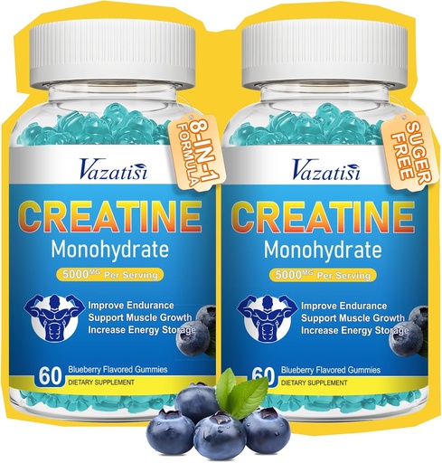[BRSROADQCR7GAG3P] 2 Pack Creatine Monohydrate Gummys for Women & Men, Sugar Free Vegan Creatine Suppos for Build Muscles, 增加能量和力量,蓝莓火焰, 120 Counter