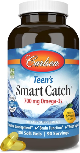 [BRSWIYILCUABM3D4] Carlson - Teen's Smart Catch, 700 mg Omega-3s, Garapen kognitiboa, Garunaren funtzioa eta bisioa, Lemon, 180 Softgels