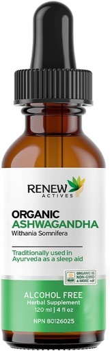 [BRSROFACC55REFLG] Renew Actives Organic Ashwagandha Liquid 220MG per 2 ml– Fast-Absorbing Formula for Cognitive Function, Memory, Energy, Stress, Sleep & Immune Health & Mental Clarity – Made in Canada - 120 ml
