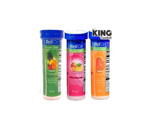 [BRSRMBQFDEHWG3QY] Glucose Tablets to go packing with 10 tablets each: Orange, Tropical, and Fruit Punch + King QR Code