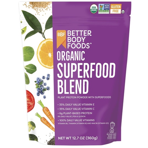[BRSWKZLRA54GGDTK] BetterBody Foods Organic Superfood Pulveris ar olbaltumvielām, vitamīniem C, E un B12 (12,7 oz.)