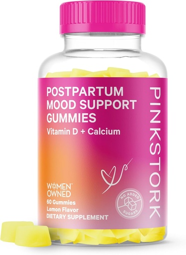 [BRSWYCYZPMFR4CIU] Pink Stork Postpartum Mood Support Vitamin D Gummies - Natural Hormone Balance for Women with postnatal Vitamin D3 and Calcium - Postpartum Essentials for Breastfeeding - 60 Lemon drop Gummies
