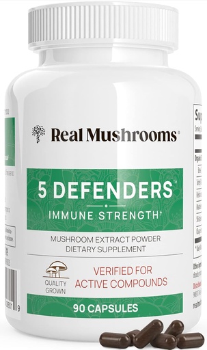 [BRSWGZTYCENQGDT6] Real Mushrooms 5 Defenders - Adaptogenic Mushrooms Complex with Chaga, Reishi, Turkey Tail, Maitake & Shiitake for Wellness Support - Mushroom Beta Glucan Capsules - 90 Count