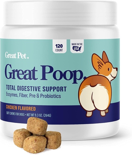 [BRSW2ZT7DIPRSDL2] Great Poop Probiotics for Dogs - Fiber for Dogs Supplement with Dog Probiotics and Digestive Enzymes for a Healthy Gut, Firm Stool & Diarrhea Relief - Chicken Flavored Pet Soft Chews with Prebiotics