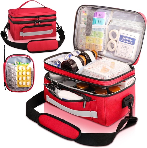 [BRSROGIECABQA33F] Medicine Bag for Traveling with Portable Small Pouch, Double Layer Pill Bottle Organizer Storage with Insulation Lining, Medication Travel Carrying Case with Shoulder Strap Red (Bag Only)