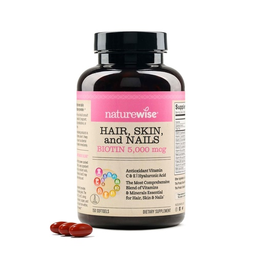 [BRSROGQOAEHBQHLJ] NatureWise Hair Skin and Nails Vitamin, Biotin 5000mcg w/Hyaluronic Acid, Collagen for Women with C, B Complex, D3, A, E, Iron - Non-GMO, Gluten Free - 150 Softgels[50-Day Supply]