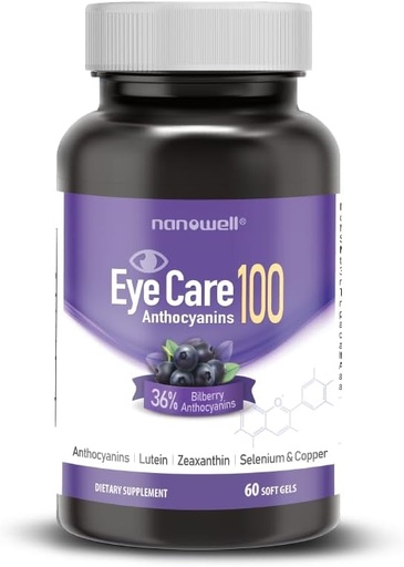 [BRSROYLRA4BWCFDO] NANOWELL EyeCare Antokyaníny 100 - Očné zdravie doplnok s čučoriedkami, Zeaxantín, luteín, Antokyaníny, vitamín A, E, selén a meď - 60 Softgels, 60 dní