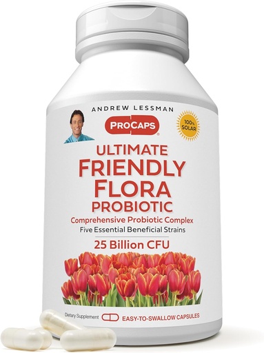 [BRSROCAQCEPGO23H] ANDREW LESSMAN Ultimate Friendly Flora Probiootti 240 kapselia - 25 miljardia PMY, Comprehensive Blend viisi Probiootti kanta, voimakas immuuni ja digestiivinen tuki. Probiootit naisille ja miehille