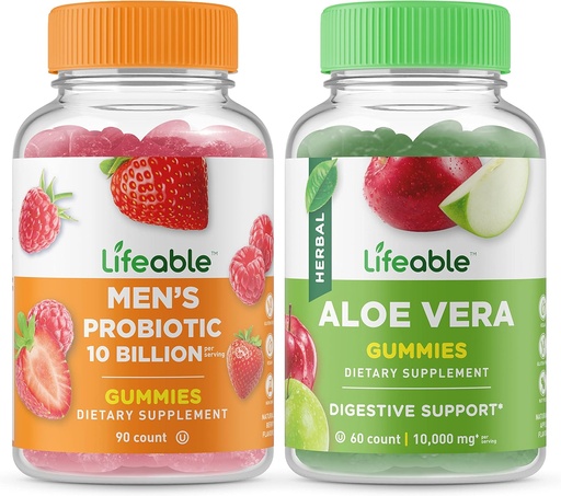 [BRSROZAZCMORECLJ] Lifeable Men's Probiotic 10 Billion + Aloe Vera, Gummies Bundle - Great Tasting, Vitamin Supplement, Gluten Free, GMO Free, Chewable Gummy