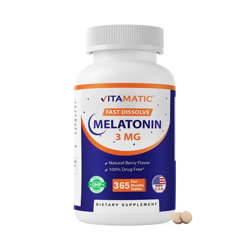 [BRSRMBQEBV4BQ234] Vitamatic Melatonin 3mg Tablets | Vegetarian, Non-GMO, Gluten Free | 1 Year Supply | Natural Berry Flavor - 365 Tablets