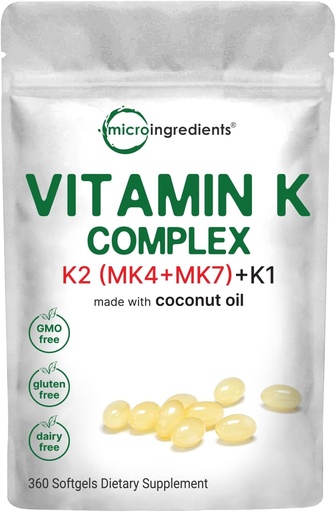 [BRSRO2YZBUCBGCY6] Micro Ingredients Super Vitamin K Complex (K2 MK7 + MK4 & K1), 360 Coconut Oil Softgles | Easily Absorbed K Vitamins, Active Menaquinone Complex | Immune, Joint, & Heart Support | Non-GMO