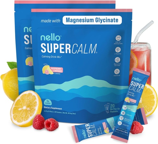 [BRSROAYCA4FQYDT7] Nello Supercalm Powdered Drink Mix, Raspberry Lemonade, L Theanine, Ksm-66 Ashwagandha, Magnesium Glycinate, Vitamin D 3, Supplements for Relaxation & Focus, No Sugar, Non GMO, On The Go, (2-Pack)