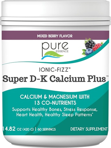 [BRSWIZTQPNYWICA5] Ionic Fizz Super D-K Calcium Plus by Pure Essence - with Extra Magnesium, Vitamin D3, Vitamin K2 for Strong Bones and Stress Support - Mixed Berry - 14.82oz