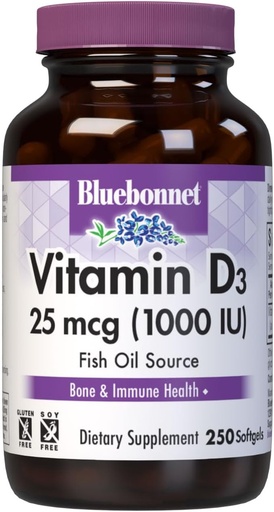 [BRSWIYYPDMOG2DTG] Bluebonnet Nutrition Vitamin D3 1000 IU Softgels, Aids in Muscle and Skeletal Growth, Cholecalciferol from Fish Oil, Non GMO, Gluten Free, Soy Free, Dairy Free, 250 Softgels