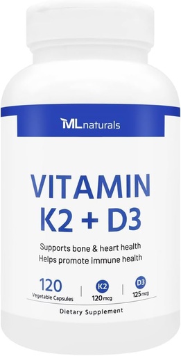 [BRSRA2YCDF6GAAA6] ML Naturals Vitamin K2 + D3 120 Vegetable Capsules, NSF-Certified & cGMP-Compliant