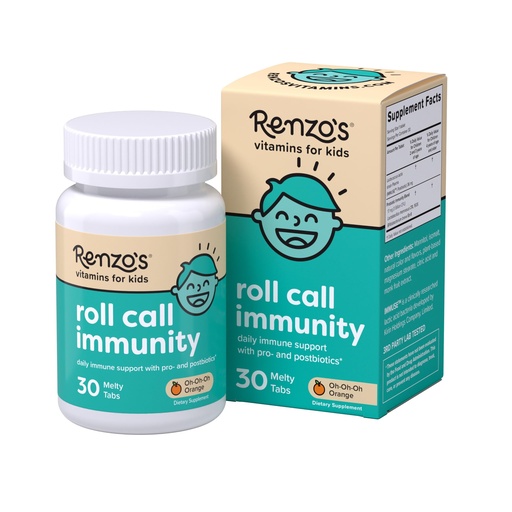 [BRSRAEI6BV5R6EQ2] Renzo's Roll Call Immunity - Dissolvable Kids Immune Support Supplement with IMMUSE Postbiotic, Sugar-Free Kids Vitamins, 30 Orange-Flavored Melty Tabs