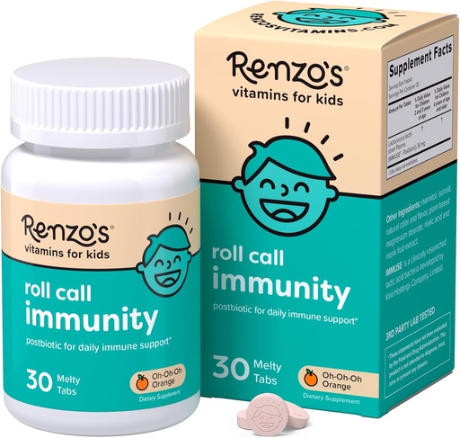 [BRSRAEI6BV5R6EQ2] Renzo's Roll Call Immunity - Dissolvable Kids Immune Support Supplement with IMMUSE Postbiotic, Sugar-Free Kids Vitamins, 30 Orange-Flavored Melty Tabs