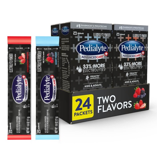 [BRSWG2YQAECAA23K] Pedialyte AdvancedCare Plus Electrolyte Powder, Has 33% More Electrolytes and PreActiv Prebiotics, Variety Pack: Berry Frost and Strawberry Freeze, 24 Powder Packets