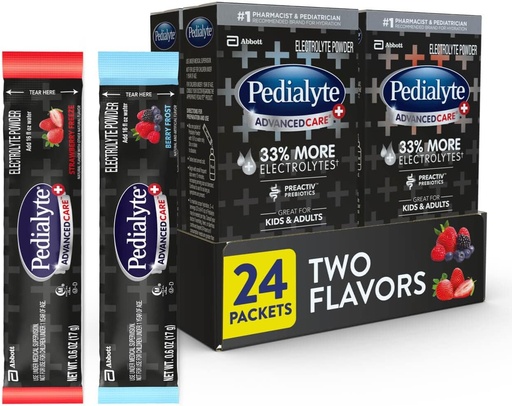 [BRSWG2YQAECAA23K] Pedialyte AdvancedCare Plus Poudre d'électrolyte, a 33 % plus d'électrolytes et prébiotiques préactivés, lot de variétés: gel de baies et fraises, 24 paquets de poudre
