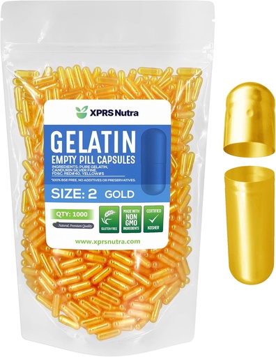 [BRSW2FA5BUHGY3TP] XPRS Nutra Size 2 Empty Capsules - 1000 Count Empty Gelatin Capsules - Pills DIY Capsule Filling - Pure Bovine Pill Gel Caps for Do-It-Yourself Supplements (Gold)