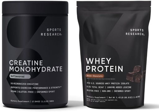 [BRSRAZYHCJ7B62D7] Sports Research Creatine Monohydrate (1.1 LBS) and Dutch Chocolate Whey Protein (5.42 LBS), The Dynamic Duo for Lean Muscle Building, Improved Performance and Strength & Workout Recovery