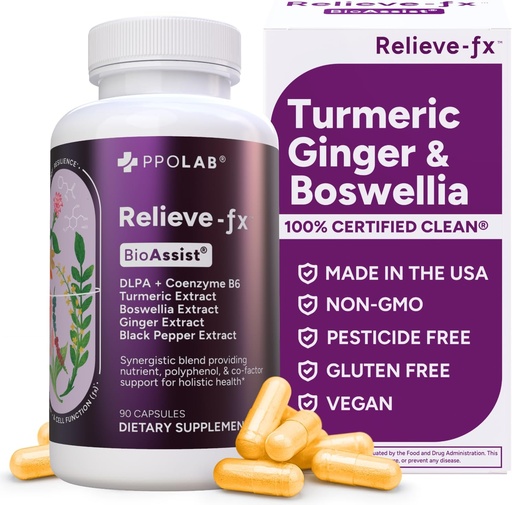 [BRSROZYPPIFQM2TO] Relieve-fxTM DLPA Boswellia Turmeric and Ginger Supplement, Stress Relief, Cuore, Digestione, Cramp muscolare, Joint, Inflammation Health, Vitamina B6 P5P, Acido boswellico, Curcumina con pepe nero - 90ct