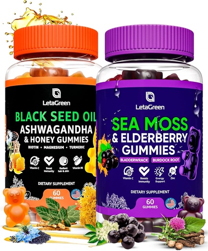 [BRSROA34BN6WE23D] Irish Sea Moss and Black Seed Oil Gummies Bundle – 120 Vegan Gummies Bears - Elderberry for Kids & Adults - Nigella Sativa with Ashwagandha & Honey