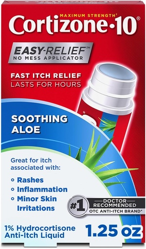 [BRSWIYAKCUPWKHT2] Cortizone-10 Maximum Strength Soothing Aloe Itch Relief No Mess Applicator, 1% Hydrocortisone, Fast-Acting, Anti-Itch Liquid for Bug Bites, Rash, Eczema, Psoriasis, Poison Ivy, Oak & Sumac, 1.25 fl oz