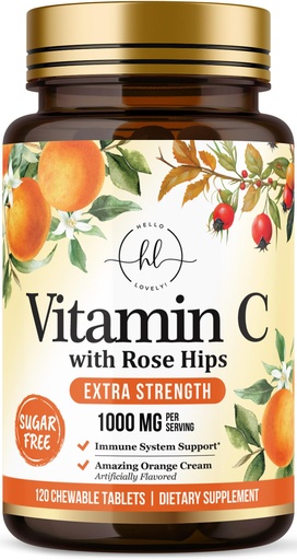 [BRSRAFTQBF6WKHLU] Vitamin C 1000mg Per Serving - Extra Strength with Rose Hips Bioflavonoids - Sugar Free Vitamin C Chewable Pills, Vit C Supplement for Immune Support & Antioxidant, USA Bottled - 120 Chewable Tablets