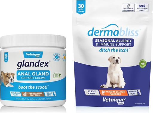[BRSWYAQ6OIFBGCLP] Vetnique Labs Dermabliss Allergy Chews 30 Ct and Glandex Anal Gland Support Chews 60 Ct Bundle Dog Vitamins & Supplements, Anal Gland Dog Treats with Probiotics, Dog Allergies Skin Treatment Soft Chew