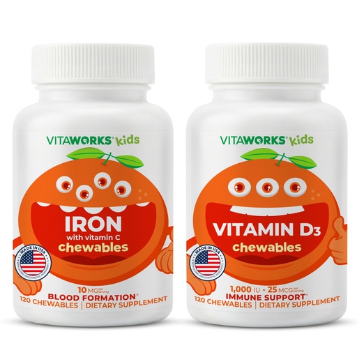 [BRSROEL7CABAGETU] Kids Iron 10mg + Vitamin C Chewables + Vitamin D3 1000 IU Chewables Bundle