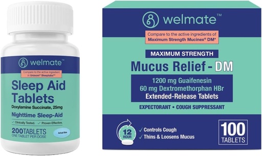 [BRSROBQDOQBAIEYZ] WELMATE Cold & Flu Nighttime Relief Bundle: Mucus Relief DM 1200mg Guaifenesin & 60mg DXM (100 Ct) for Cough & Congestion Relief + Doxylamine Succinate 25mg Sleep Aid (200 Tablets)