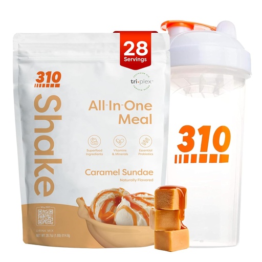 [BRSW2CD3B4IRG3Q4] 310 Nutrition All-in-One Meal Replacement Shake Powder w/Shaker Cup Starter Kit - High Protein Fiber Rich Vegan Superfood Blend - Sugar-Free, Keto & Paleo Friendly, Low Carb - Caramel Sundae 28 srv