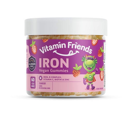 [BRSWIZYKAB5AY23E] Vitamin Friends - Vegan Multivitamin & Iron for Kids - Daily Nutritional Support Gummies w/Ferrous Fumarate B-Complex, Vitamin C, Zinc, Biotin - Body Function & Anemia - Strawberry, (60 Day Supply)