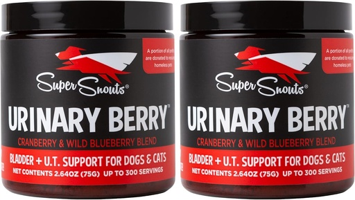 [BRSWECQRBV5RGYIU] Super Snouts Urinary Berry Urinary Tract Suppléments pour chiens et chats, fabriqués aux États-Unis, aux États-Unis et au Canada Blueberry & Cranberry Powder, UTI, Rein Health Support, Bladder Support pour chiens (2,63 oz, pack de 2)