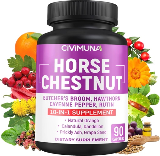 [BRSRMFAEDEIWEFY7] Horse Chestnut Capsules with Horse Chestnut, Butcher's Broom Root, Cayenne Pepper and More - 90 Capsules for 3 Months Supply